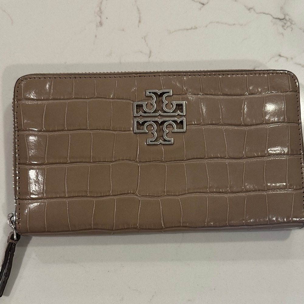 Tory Burch Croc-Embossed Zip Around Wallet in Taupe